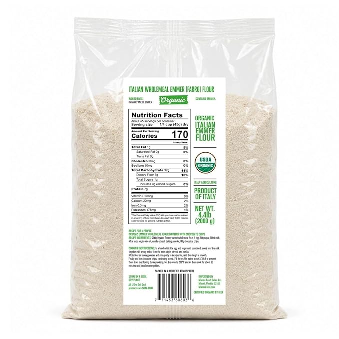 L'Oro Del Sud Organic Farro, Emmer Flour, Stone-Ground, 4.4 lb (2 Kg) | Stone Ground Ancient Grain Flour, USDA Organic, High Fiber, Non-GMO, All-Purpose Flour for Breads, & Pizza, Product of Italy