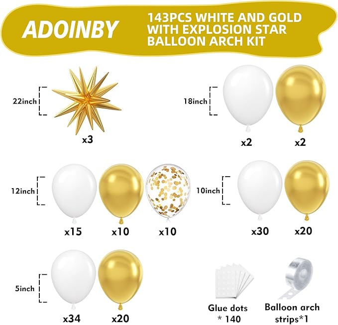 White and Gold Balloon Arch Kit, 146Pcs Explosion Star White Metallic Gold Latex Balloon Garland kit, 22 18 12 10 5 Inch Different Size Balloons for Anniversary Birthday Engagements Party Decorations
