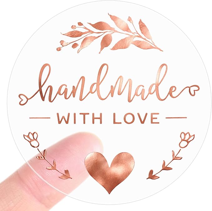 Handmade with Love Stickers 100 Pcs, Rose Gold Foil Transparent Labels for Small Business Packaging, 1.6 Inch Round Thank You Stickers for Gift Wrap, Bakery Boxes, Envelopes (Rose Gold Foil)