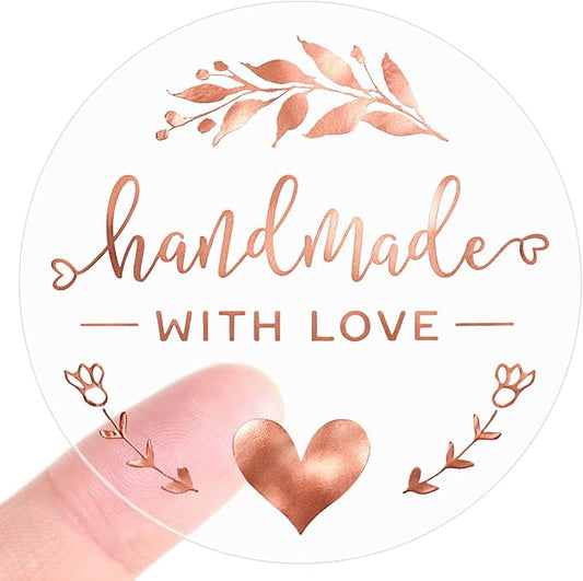 Handmade with Love Stickers 100 Pcs, Rose Gold Foil Transparent Labels for Small Business Packaging, 1.6 Inch Round Thank You Stickers for Gift Wrap, Bakery Boxes, Envelopes (Rose Gold Foil)