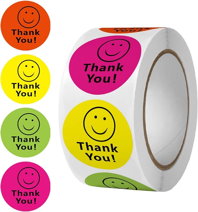 BLESS-VAST 500 PCS Thank You Stickers for Small Business - 1 Inch Colorful Smile Decal Envelope Seal 4 Designs Vibrant Colors Labels for Baking Packaging Water Bottle Wraps Crafts (Colorful Smile)