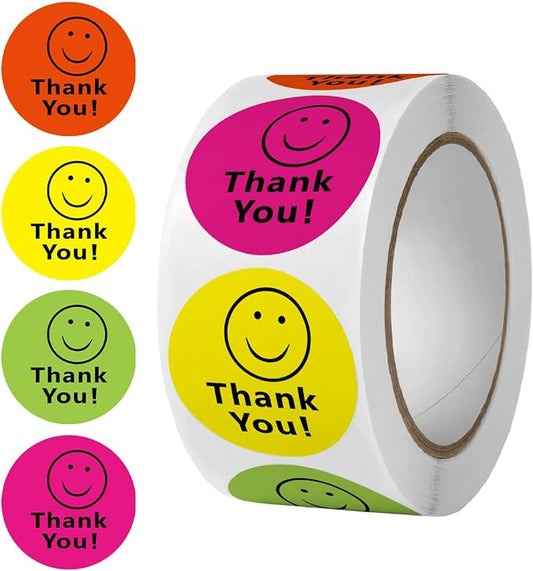 BLESS-VAST 500 PCS Thank You Stickers for Small Business - 1 Inch Colorful Smile Decal Envelope Seal 4 Designs Vibrant Colors Labels for Baking Packaging Water Bottle Wraps Crafts (Colorful Smile)