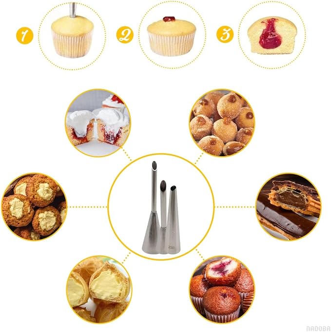 3 Pcs Filling Piping Tip Set – Easy-to-Use & Clean Stainless Steel Pastry Filling Tip for Cream Puff, Deviled Egg Piping Tool, Donut & Eclair Decoration – Different Sizes, Lightweight & Durable