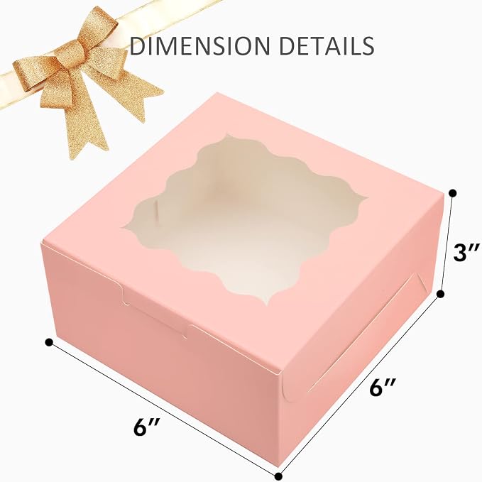 Bakepacker 100pcs Pink Bakery Boxes with Window 6x6x3 inches Thick & Sturdy Macaroon Pastry Boxes Cookie Boxes for Bakerys