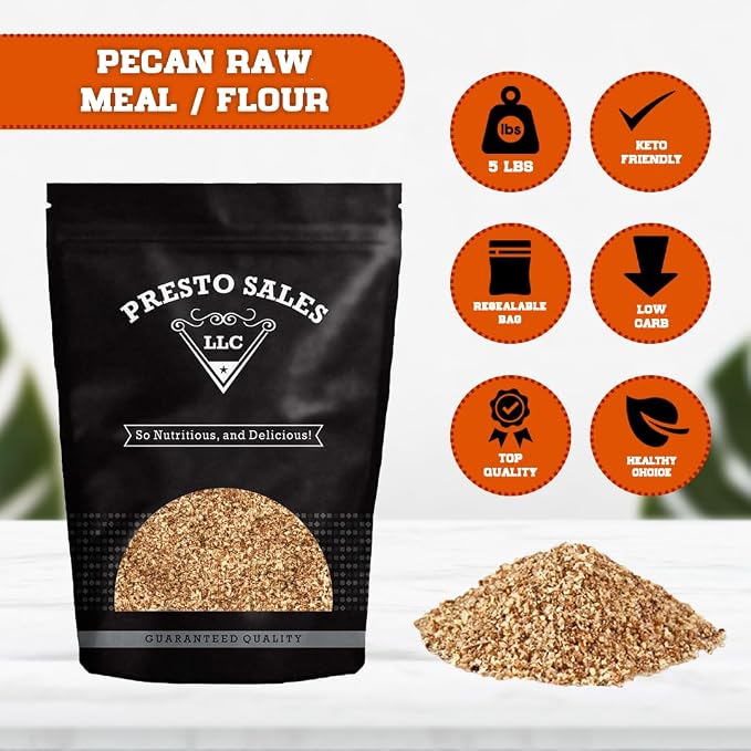 Pecan, "Tasty and Delicious" Fancy Raw Meal/Flour, Convenient, Healthy, Great Flavor, Dietetic, Finely Ground, Vegan, USA, Antioxidants, 5 lbs. (80 oz.) by Presto Sales LLC