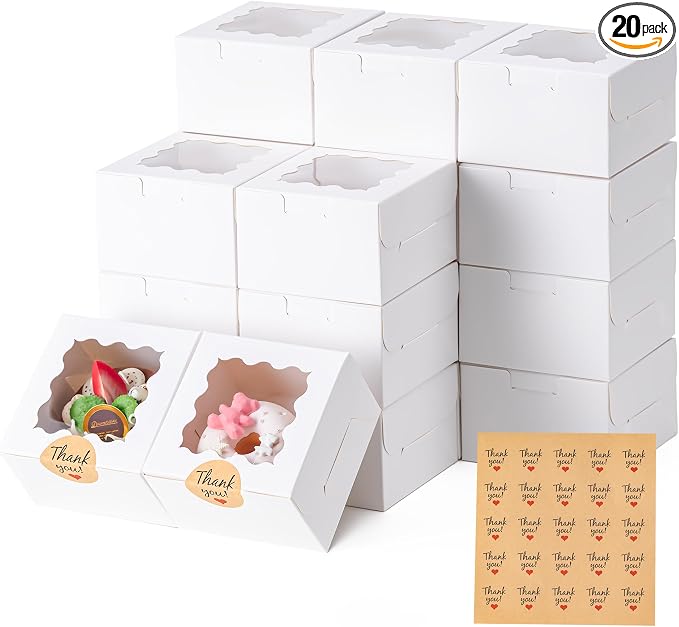 20pcs Cookie Boxes with Window, 4x4x2.5 Inches Bakery Boxes with 25pcs Stickers for Cookies, Bakery, Desserts, Candy, Chocolate Covered Strawberries, Mini Cake (White)