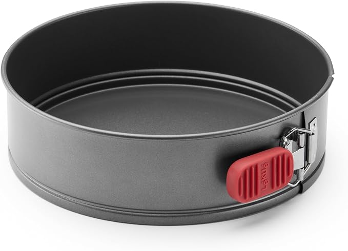Lékué Non-Stick Round Springform Cake Tin - 9.5" Carbon Steel Oven Baking Pan with Platinum Silicone Handle, Even Heat, Dual Non-Stick Ceramic Coating, Scratch Resistant, PFOA & PFA-Free, 9.6x10x2.8"