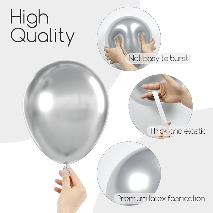 120pcs Metallic Silver Balloon Arch Kit, 18 12 10 5 inch Chrome Silver Latex Balloons Different Sizes Balloon Garland for Wedding Baby Shower Disco Birthday Party Decorations