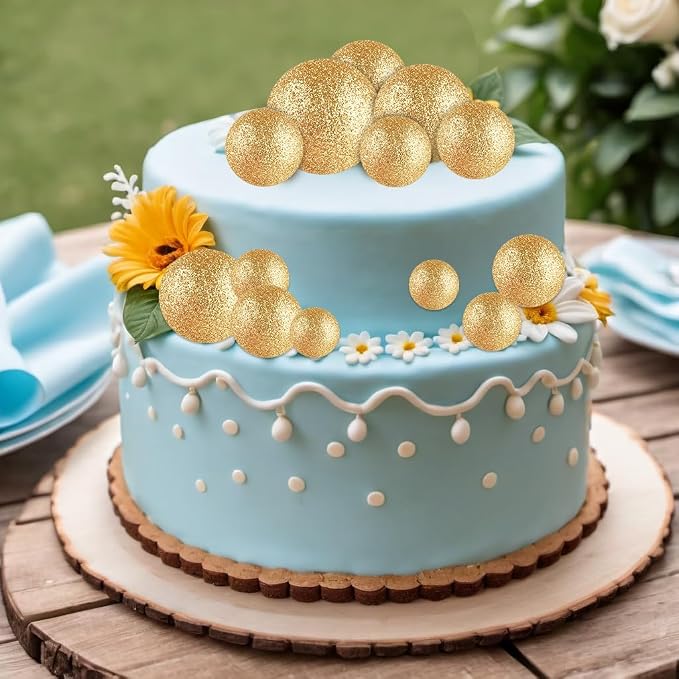 ASTARON 20 Pcs Mini Balloons Cake Topper Sticks - Glitter Gold Ball Picks for Christmas Birthday Decorations