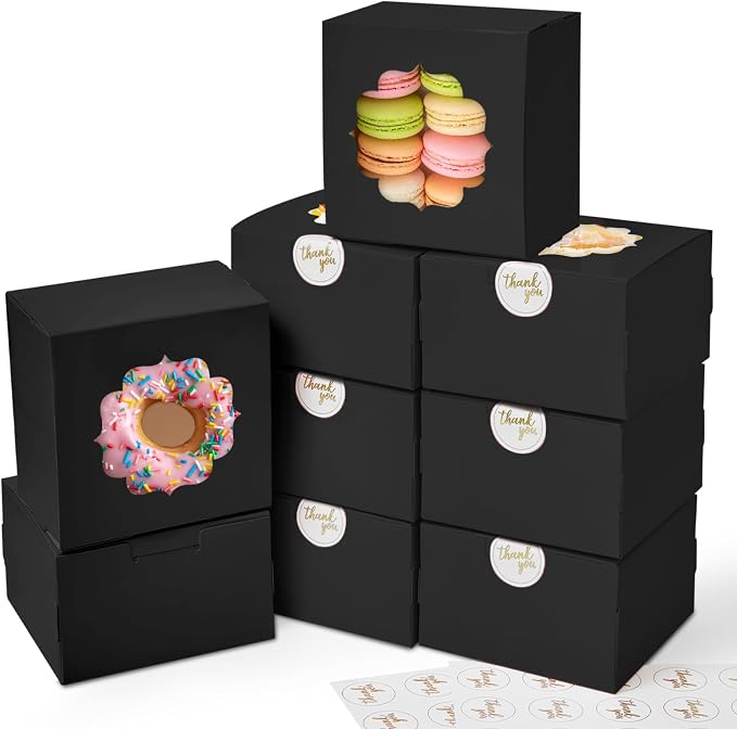 Shallive 4-Inch Small Cookie Boxes 25 Pcs Black - Bakery Treat Boxes with Window for Graduation Gifting, To-go Tins for Cake Slice, Macarons, Donuts 4x4x2.5 Inch