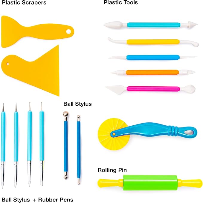 FlyFlag Air Dry Clay Tools Kit, 20 Pcs – Includes Ball Stylus, Rubber Pens, Rolling Pin, Plastic Scrapers, and Modeling Tools – Ideal for Pottery, Craft, Molding, and Shaping