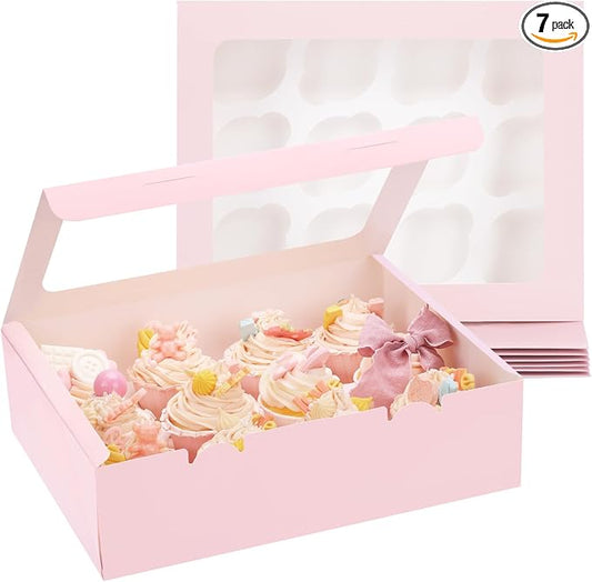 Moretoes 12 Count Cupcake Boxes, 7PCS Auto-Popup Cupcake Container with Window Boxes, Pastry Box for Birthday Holiday Party Bakery Supplies (Pink)