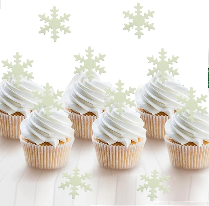 YOcity 50PCS Edible Snowflakes Cake Cupcake Toppers White Snowflake Cupcakes Decorting for Christmas Winter Frozen Theme Birthday Party Supplies (White)