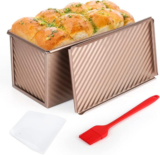 Pullman Loaf Pan with Lid Non-Stick Bread Toast Mold with Cover Carbon Steel Corrugated Bread Pan for Oven Baking 1lb Dough Capacity Bread Tin with Dough Scraper Cutter & Oil Brush