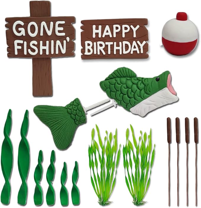 Fishing Cake Topper Gone fishing Cake with Bass Reed Happy Birthday Sign