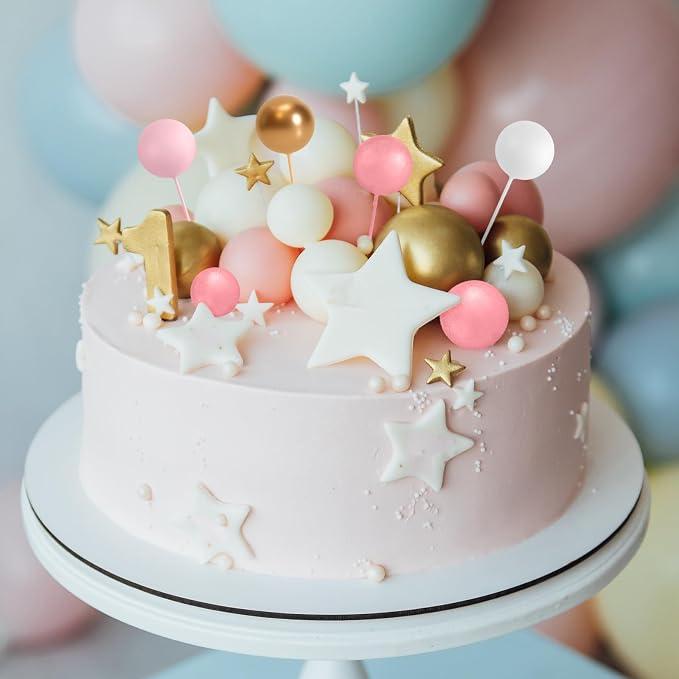 ASTARON 32 Pcs Ball Cake Topper Decorations Mini Balloons Cake Topper Sticks Foam Balls Cake Picks Cake Topper Balls Cake Decorations for Wedding Party Birthday Cake Decorations (Rose gold，Pink)