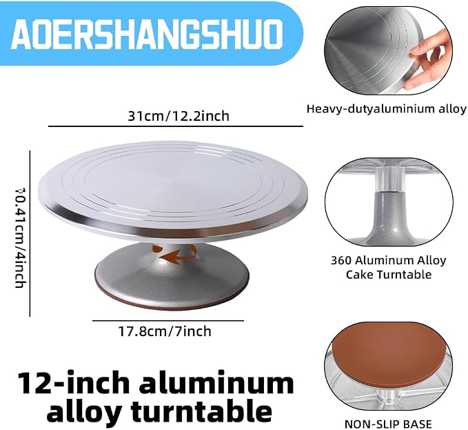 12 Inch Cake Turntable,78Pcs Rotating Aluminum Alloy Rotating Cake Stand,Cake Decorating Kit With Stainless Steel Icing Scrapers,Icing piping Tips,Piping Bags,Cake Leveler,Icing pen,Pie server,Spatula