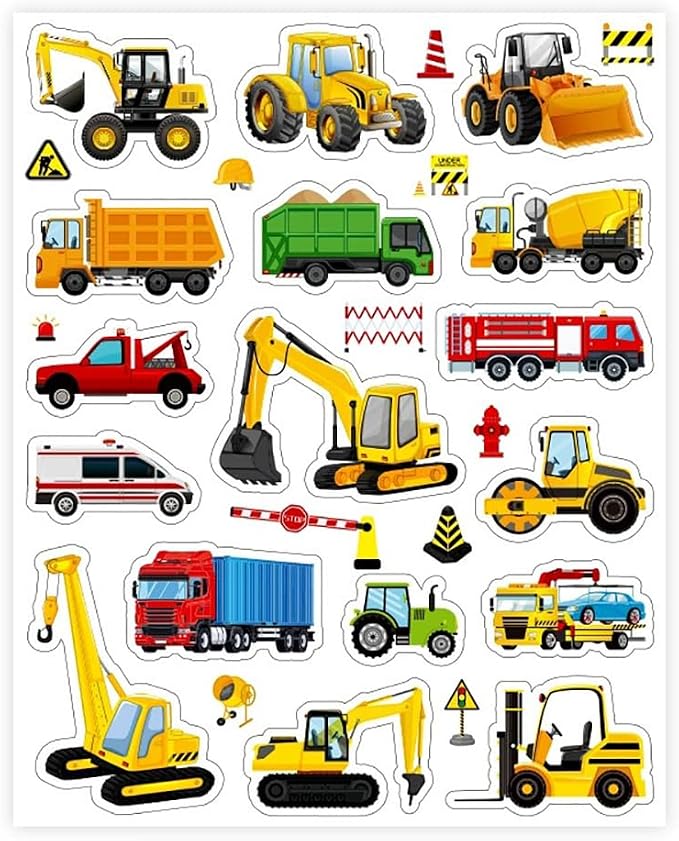 Construction Vehicle Stickers, Waterproof Truck Decals Featuring Excavator Bulldozer Tractor Fire Truck Ambulance Engineering Car Stickers for Scrapbooking Construction Party Favors