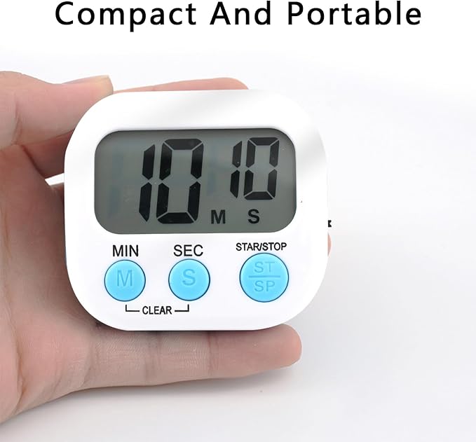 Small Digital Timer for Kitchen Cooking Baking Sports Office Meeting Multi-Function Count Up Countdown Magnetic Backing and ON/Off Switch Desk Electronic Timer (White)