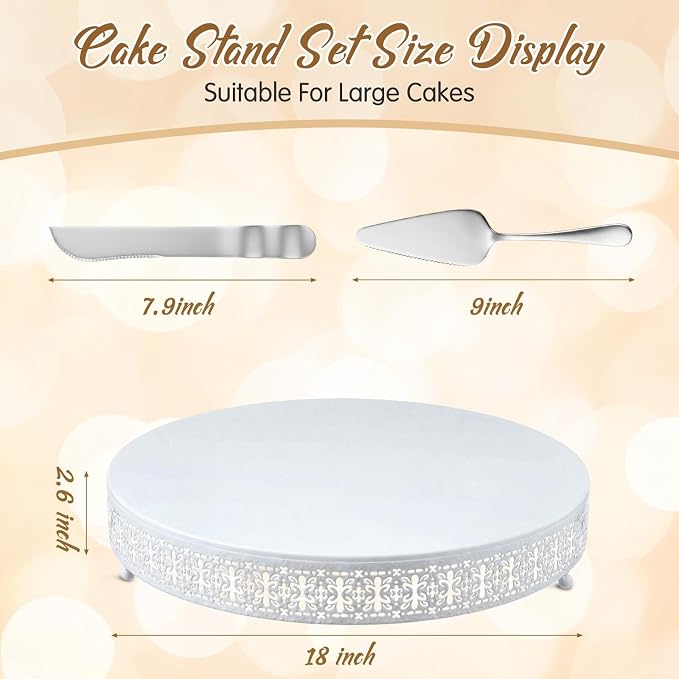 Wenqik White Cake Stand 18 Inch Metal Round Cupcake Dessert Wedding Cake Stand with Cutting & Spatula Cookies Display Holder Fruit Serving Tray for Table Wedding Birthday Anniversary Party