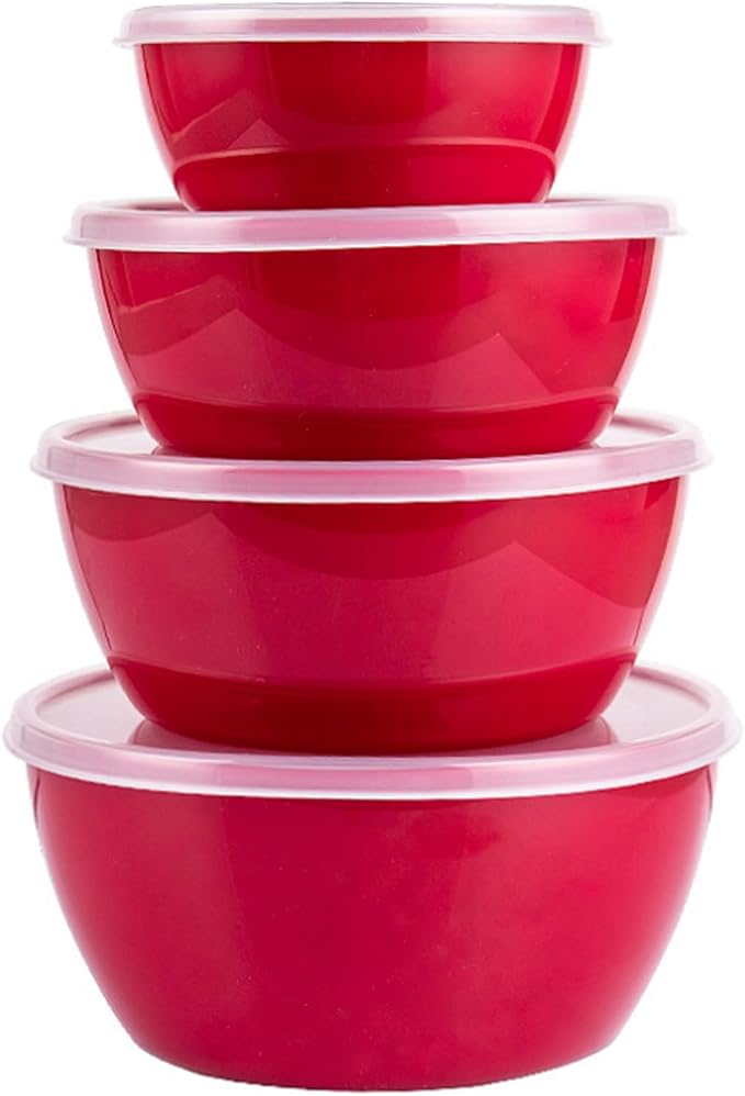 Small Classic Plastic Prep Bowls with Lids, Set of 4, Microwave and Dishwasher Safe (Red)