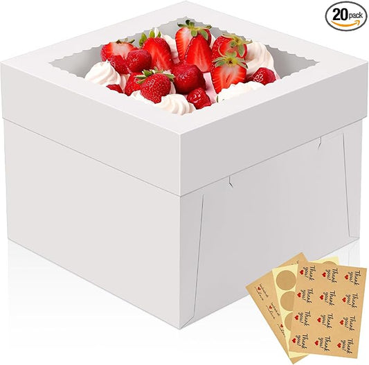 20 Pcs Cake Boxes, 12x12x8 Inch Tall Cake Box with Clear Window, White Square Bakery Boxes, Disposable Cardboard Cake Containers with Lids for Multi-Layer Cake Pie Dessert Wedding Birthday (20)