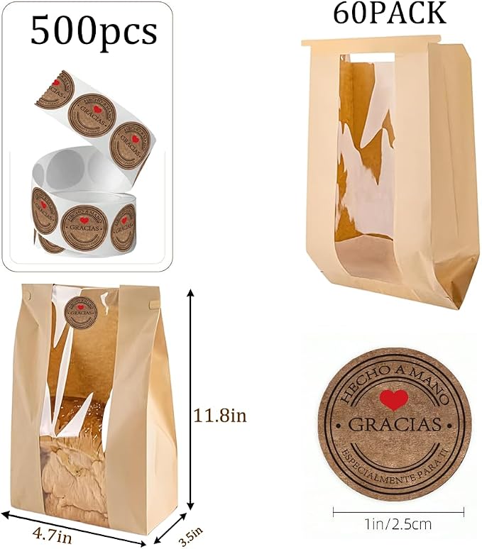 Sourdough Bread Bags with Tin Tie Lock - 60 Pack 11.8 x 3.5 x 4.7 Inch Paper Bread Bags for Homemade Bread Cookie Bags with Clear Window 500 Labels Bakery Bags for Bread Storage Baked Goods Packaging