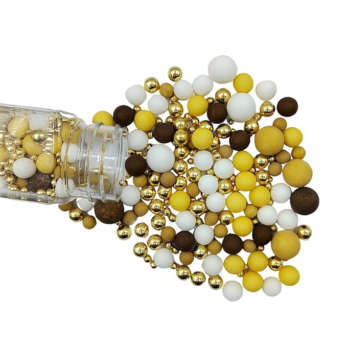 Edible Brown Yellow White and Gold Pearl Sugar Sprinkles for Cake Decorating, Edible Mixing Size Candy for Baking Cake Cupcake Toppers Cookie Decorating Celebrations Wedding Valentines Easter Halloween Christmas Supplies 120g/ 4.23oz