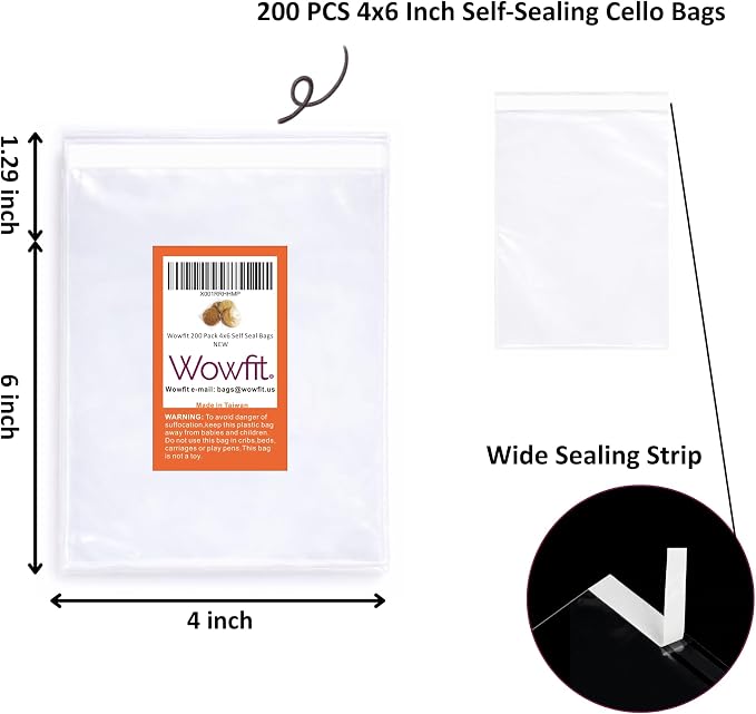 Wowfit 200 Count 4x6 Inch Clear Cellophane Plastic Bags, Resealable Self-Sealing Cello Bags Good for Individual Cookies, Decorative Wrappers, Party Favors, Candy and More