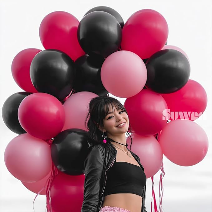 SUWEN Hot Pink and Black Balloons, 60Pcs 12inch Hot Light Pink and Black Latex Balloons Kit for Women Birthday Anniversary Party Decoration