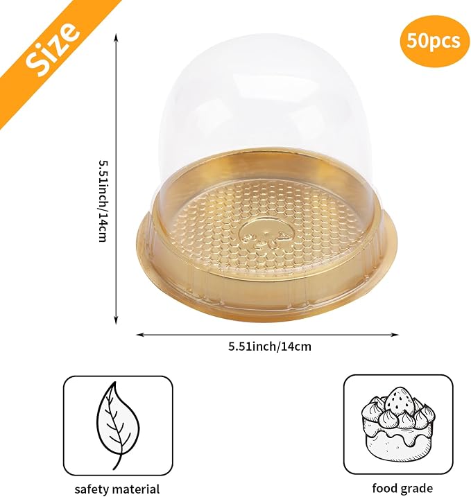 Hewnda 50 Sets Cake Box - Internal Size Diameter 4-3/8 Inch X Height 4-1/8 Inch Clear Plastic Dome Carrier - Single Cake Container Carry Reinforcement Stickers (Gold)