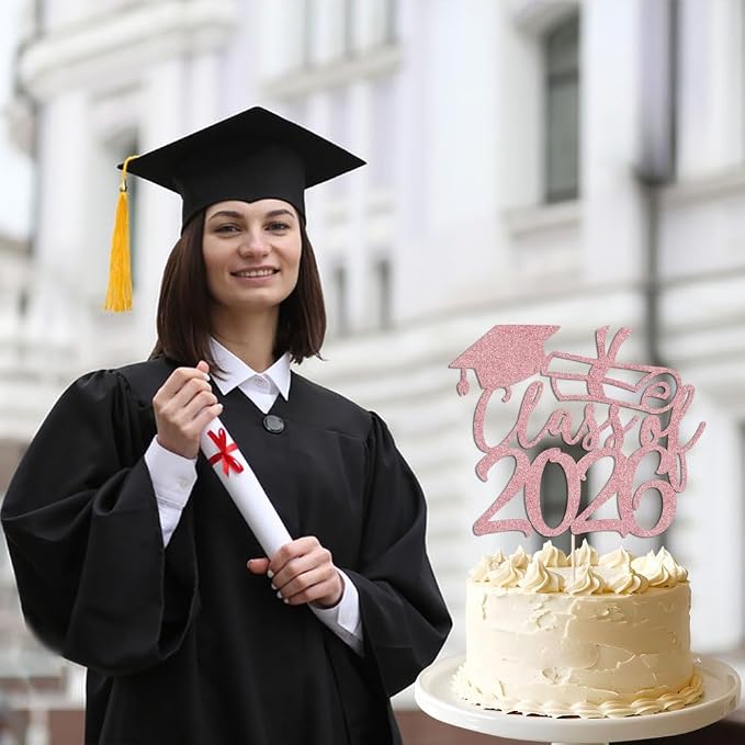 Gold Class of 2026 Congrats Grad Cake Topper Glitter Graduation Party Supplies - High School College Graduates -College Graduate Cake Topper Decorations (Rose gold)