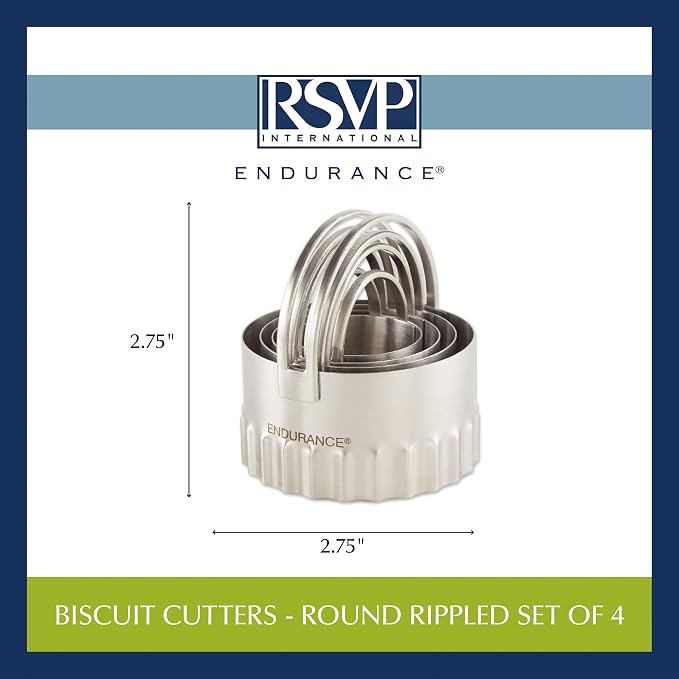 RSVP International Endurance Ripple Round Biscuit Cutters - Stainless Steel, Set of 4 | Nest for Easy Storage | For Cutting Thick or Thin Dough | Professional | High Handle Arch