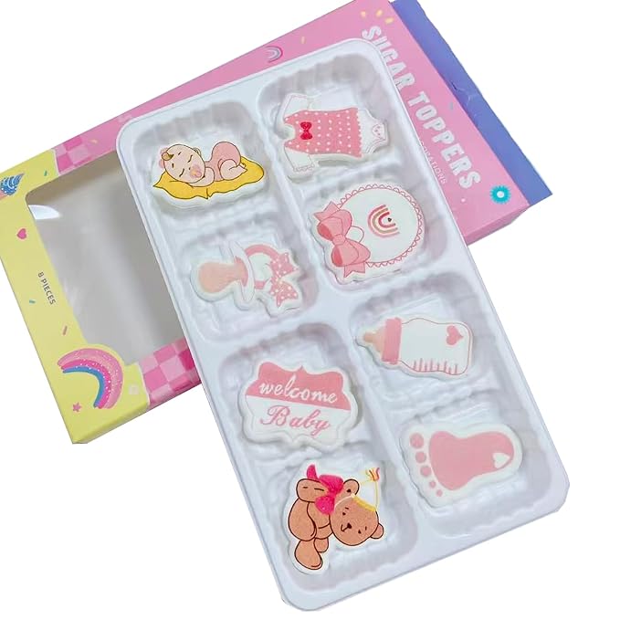 8 PCS Edible Pink Baby Girl Icing Cake Decoration Baby Showers Themed Candy Sprinkle Cupcake Topper Ice Cream Cookies Frosting Decoration