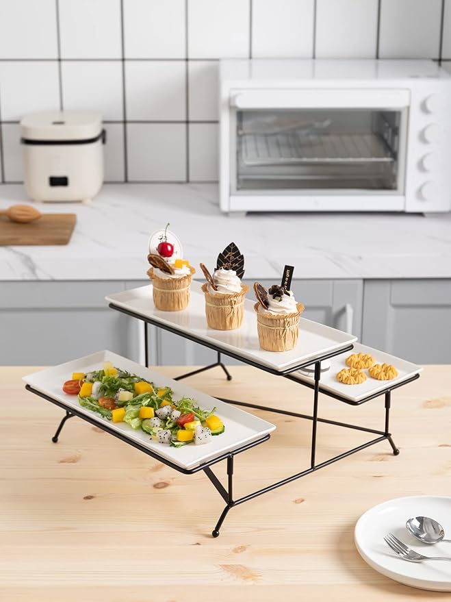 Kanwone 2 Tier Serving Stand With White Porcelain Platters, 14.5" x 6" Tiered Tray for Entertaining Party, Dessert Stand With Black Metal Base