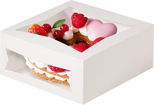 Fit Meal Prep 25 Pack Cake Boxes with Window 8 x 8 x 4 Inches Auto Pop-Up White Bakery Containers for Dessert, Cookies and Pastries, Treat Boxes Gift Packaging Boxes for Valentine's Day, Christmas