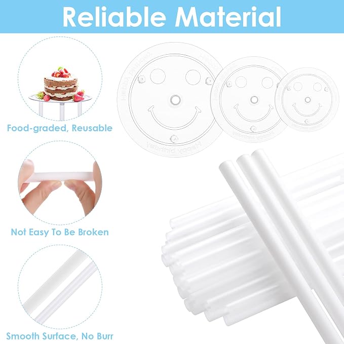 Thinp 15 Pcs Cake Dowels Rods with 3 Cake Boards Set, 4 6 8 Inch Plastic Tiered Cakes Supports, Reusable Hollow Stacking Dowels for Wedding Birthday Party Cakes Construction Supplies