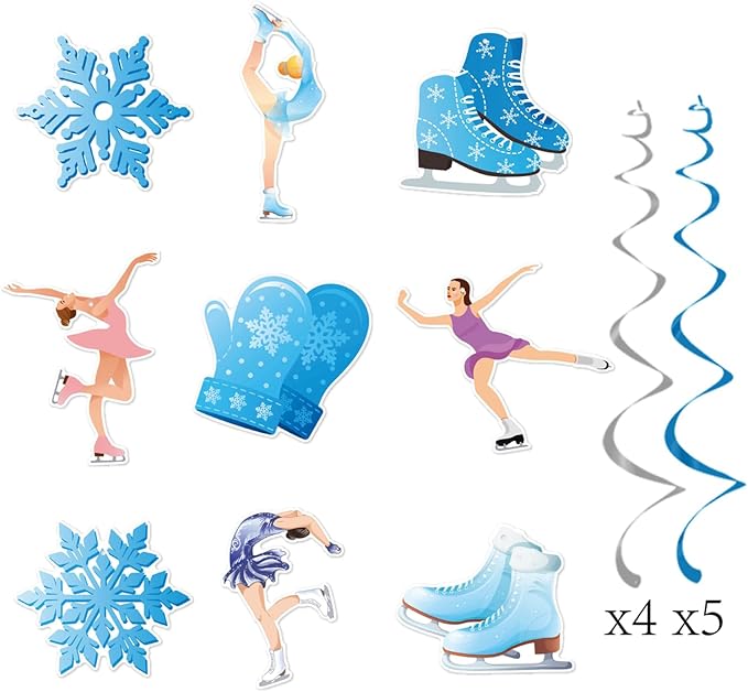 Zwiebeco Ice Skating Happy Birthday Banner Bunting Hanging Paper Swirls Garland Party Decorations for Baby Shower Winter Snowflake Themed Snow Princess Girls Women Bday Decor Accessories Supplies