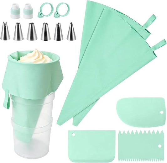 Piping Bag Holder, Plastic Cream Icing Bag Stand With 2 Reusable Silicone Icing Pouches, 6 Tips, 2 Couplers, 3 Cake Spatulas, 2 Tie Straps - Stackable For Cake Decorating And Cream Filling