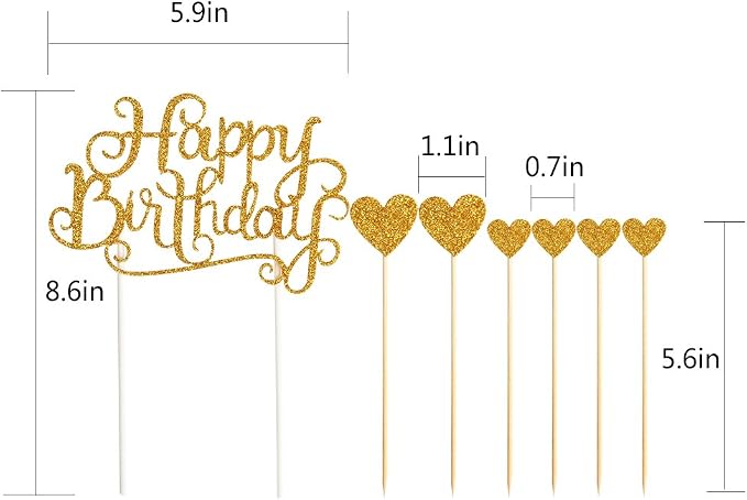 PALASASA Happy Birthday Cake Toppers Gold glitter letters"happy birthday"and love star,Party decor Decorations,Set of 7 (Gold)