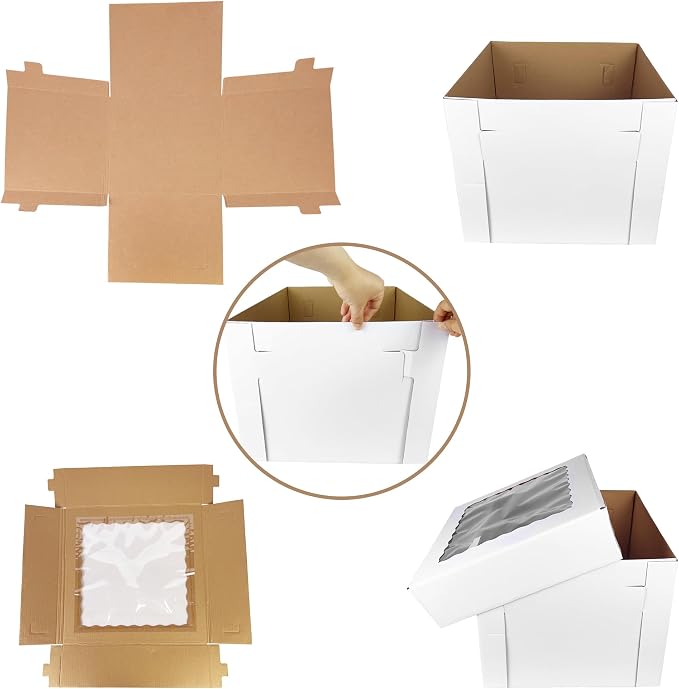 KEEPARTY 3 PCS White Tall Cake Boxes 14x14x12 inch with Window White Disposable Baking Box Container Wedding Cake Carrier