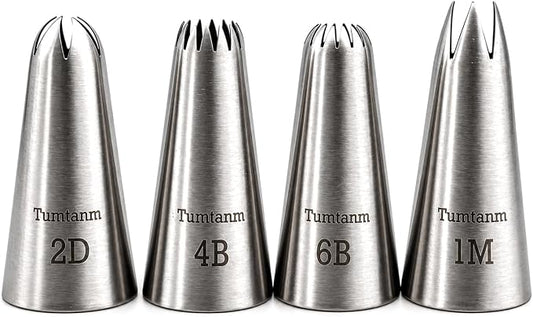 #1M #2D #4B #6B Large Piping Nozzles, 4 pcs Stainless Steel Seamless Icing Piping Tips Set for Cupcakes and Baking