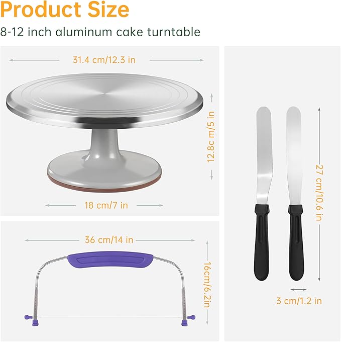 12 Inch Cake Turntable Decorating Stand with Aluminum,Cake Turntable Decorating Kit,Rotating Cake Stand Cake Spinner Stand Leveler Set Pastries Decorations Cake Turner Table Tools
