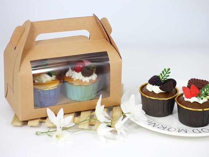 24pcs Kraft Cupcake Boxes 6.8''x3.6''x3.1'' Clear Window Cake Paper Holders Cake Boards Disposable Tiered Cake Containers Handle Boxes Treat Boxes Gift for Party Wedding, Christmas Party | Food-grade cardboard bakery boxes with window. Rustic design fo...