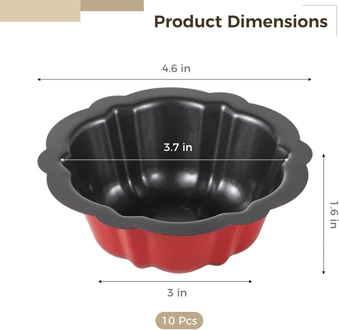 Homaisson 10PCS Mini Fluted Tube Pan, 4.5Inch Carbon Steel Mini Cake Molds, Nonstick Reusable Oven Baking Mold for Cupcake, Bread, Bavarois, Brownie (red)