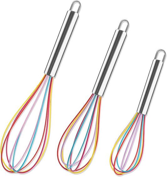 Silicone Whisk,Stainless Steel Wired Wisk Set 8" 10" 12",Heat Resistant 480°F,Perfect for Non-Stick Cookware, Kitchen Whisks for Whisking, Cooking, Baking, Beating & Frothing (Rainbow)