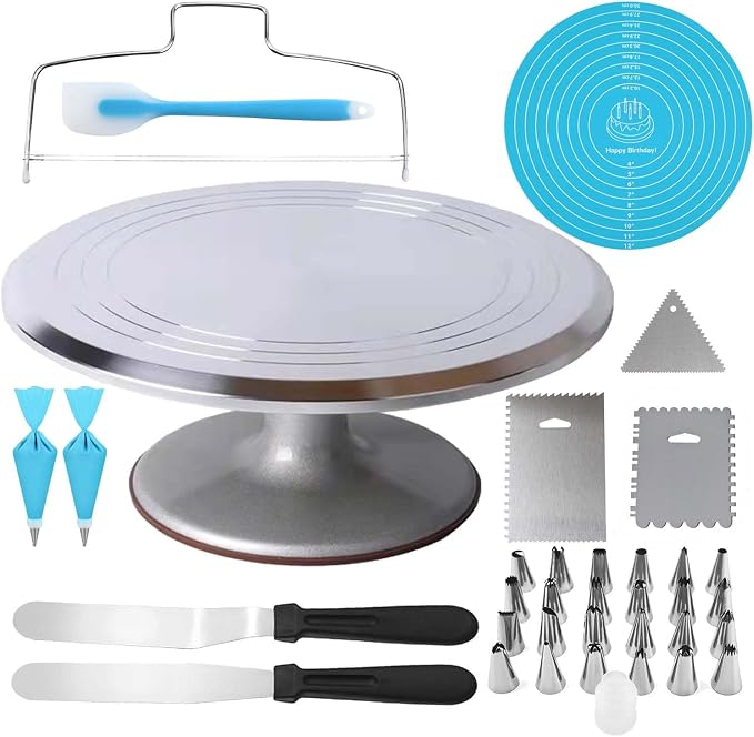 12 Inch Aluminium Alloy Revolving Cake Stand, Rotating Cake Turntable for Cake, Cupcake Decorating Supplies (35Pcs)