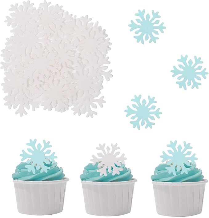 50PCS Edible Snowflakes for Cake Decorating Edible Christmas Cake Decorations Wafer Paper Snowflake Sprinkles Cupcake Toppers for Christmas Winter Holiday Frozen Theme Party Supplies （Blue+White mix）