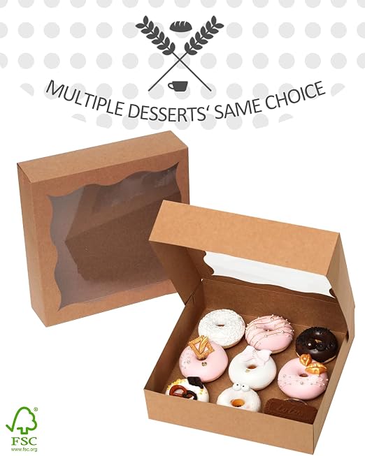 qiqee Auto-pop Up Brown Pie Boxes with Window 12"x 12"x 3" 120Packs Cookie Donut Bakery Box