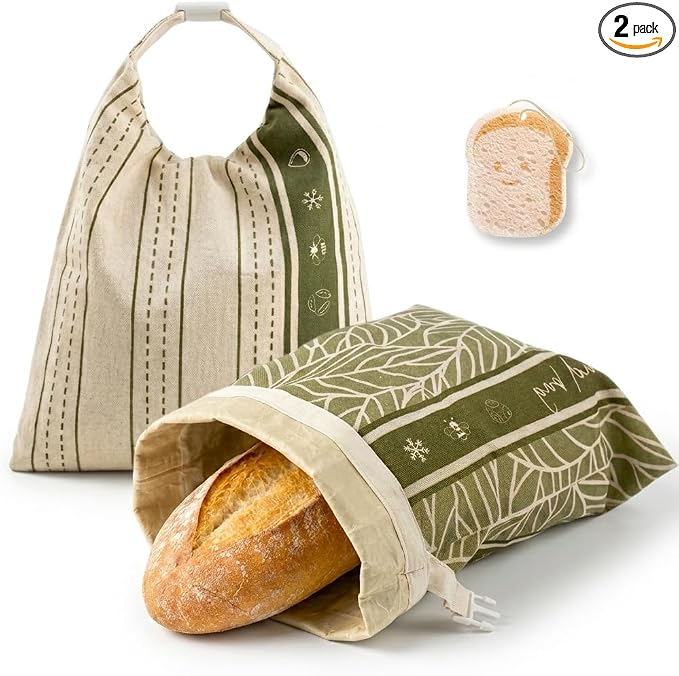 2Pk Reusable Bees Wax Bread Bag - 100% Organic Beeswax Lining & Linen Cotton Outer - XL Foldable Bread Bags for Homemade Bread sourdough, Extra Cleaning Sponge (Antique Foliage & Stripe)